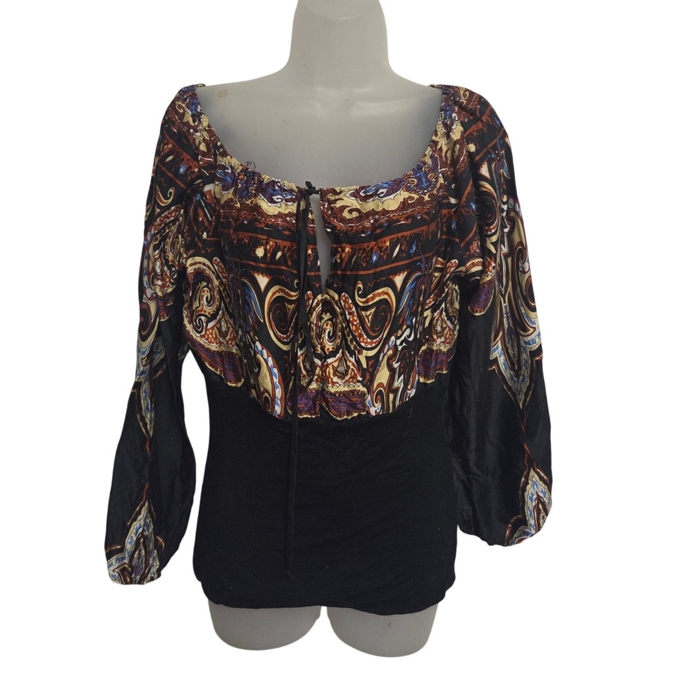 Silk Paisley Boho Peasant Blouse Womens M Long Sleeve Off Shoulder Festival